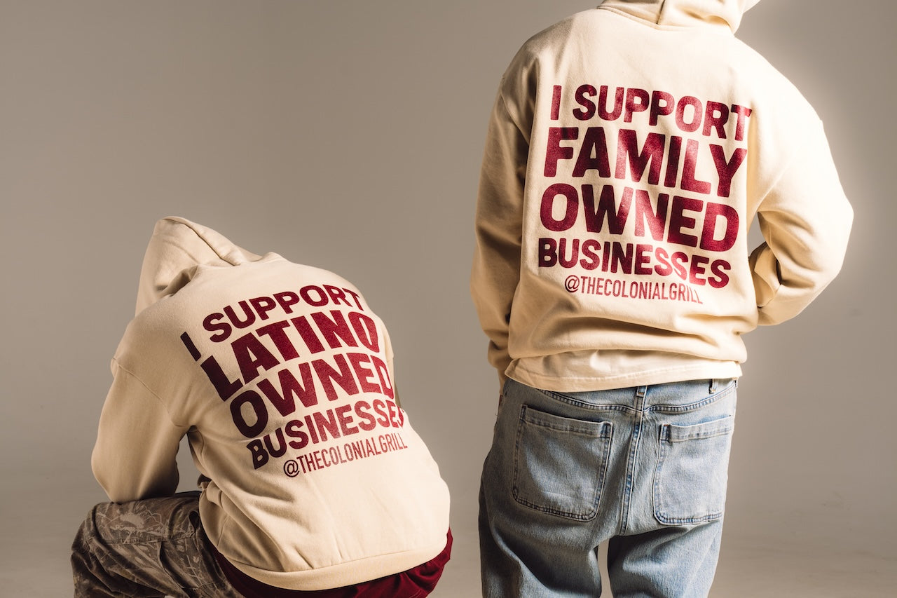 CREAM HOODIE "I Support Latino Owned Businesses"